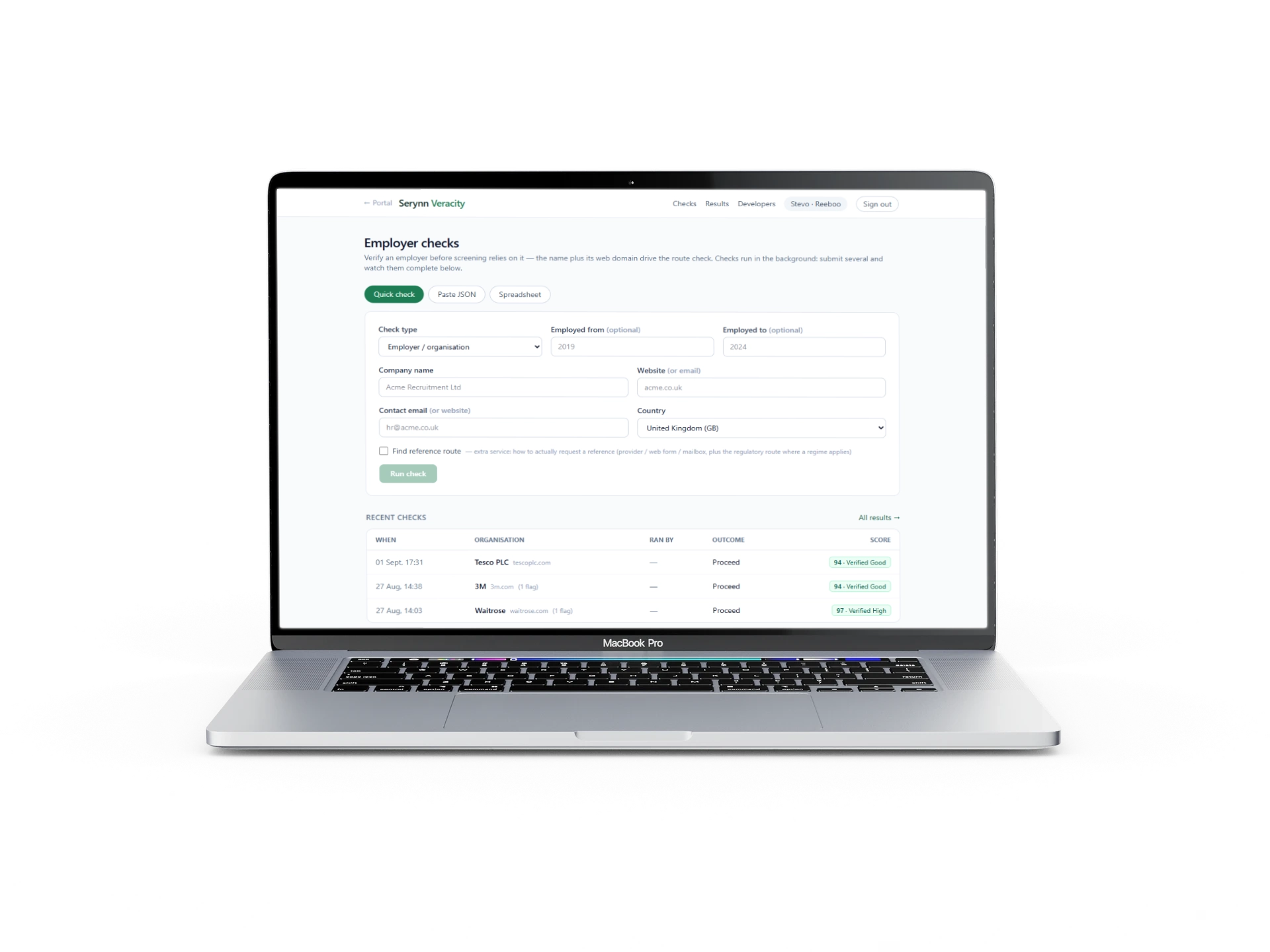Employer check form in the Serynn app, shown on a laptop