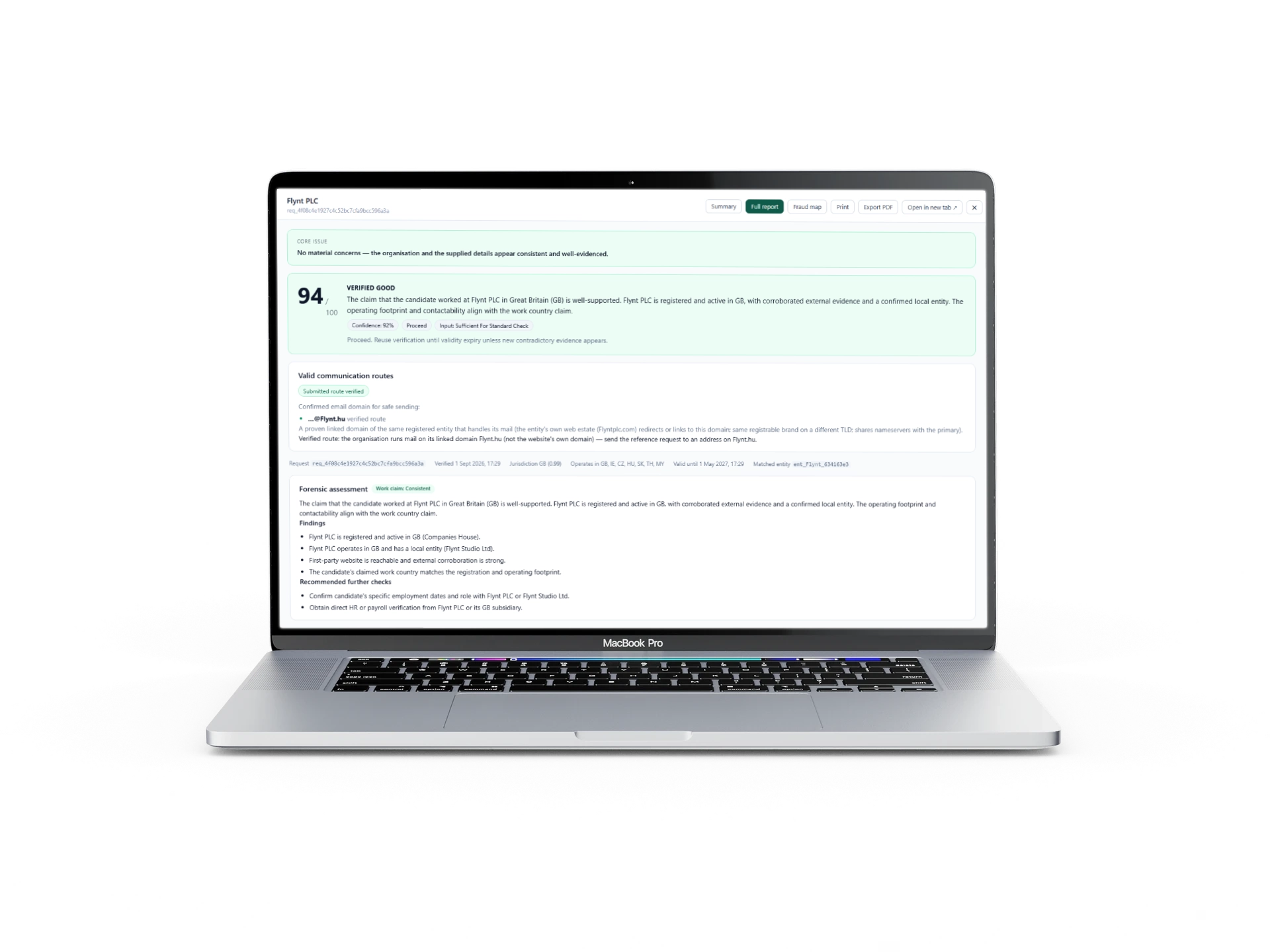 Employer check result in the Serynn app, shown on a laptop